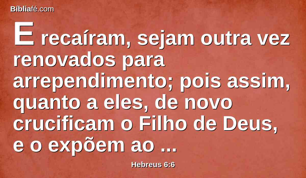 E recaíram, sejam outra vez renovados para arrependimento; pois assim, quanto a eles, de novo crucificam o Filho de Deus, e o expõem ao vitupério.