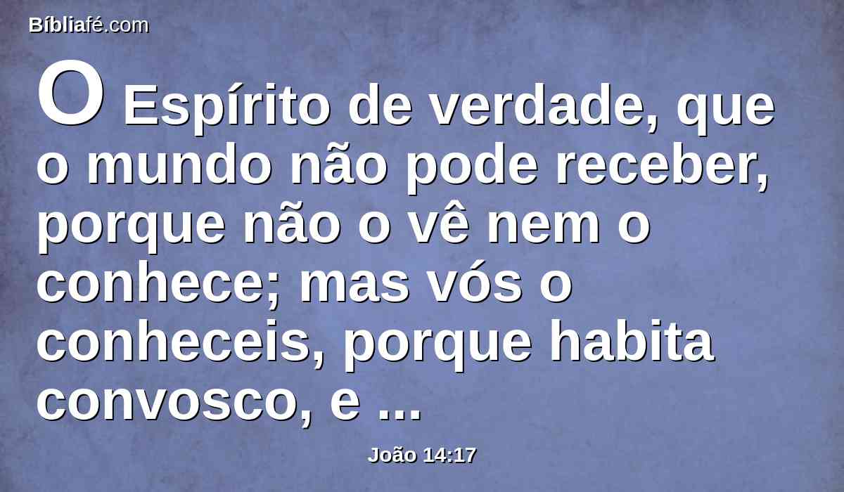 O Espírito de verdade, que o mundo não pode receber, porque não o vê nem o conhece; mas vós o conheceis, porque habita convosco, e estará em vós.