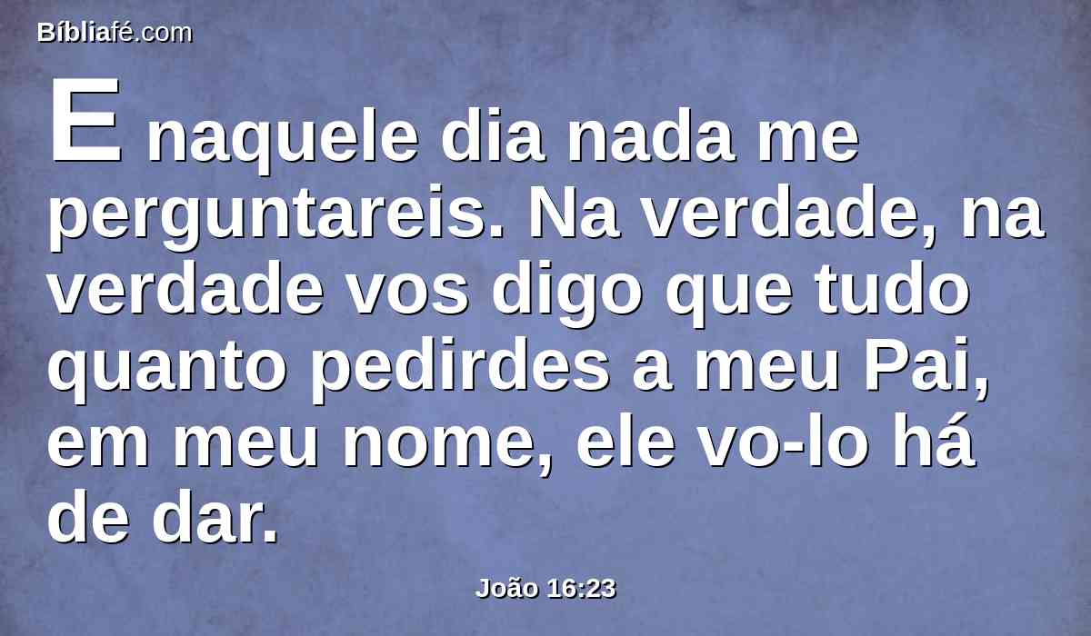 E naquele dia nada me perguntareis. Na verdade, na verdade vos digo que tudo quanto pedirdes a meu Pai, em meu nome, ele vo-lo há de dar.