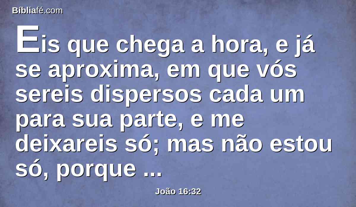Eis que chega a hora, e já se aproxima, em que vós sereis dispersos cada um para sua parte, e me deixareis só; mas não estou só, porque o Pai está comigo.