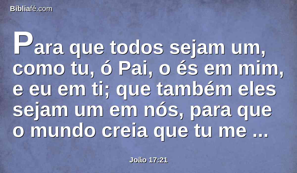Para que todos sejam um, como tu, ó Pai, o és em mim, e eu em ti; que também eles sejam um em nós, para que o mundo creia que tu me enviaste.