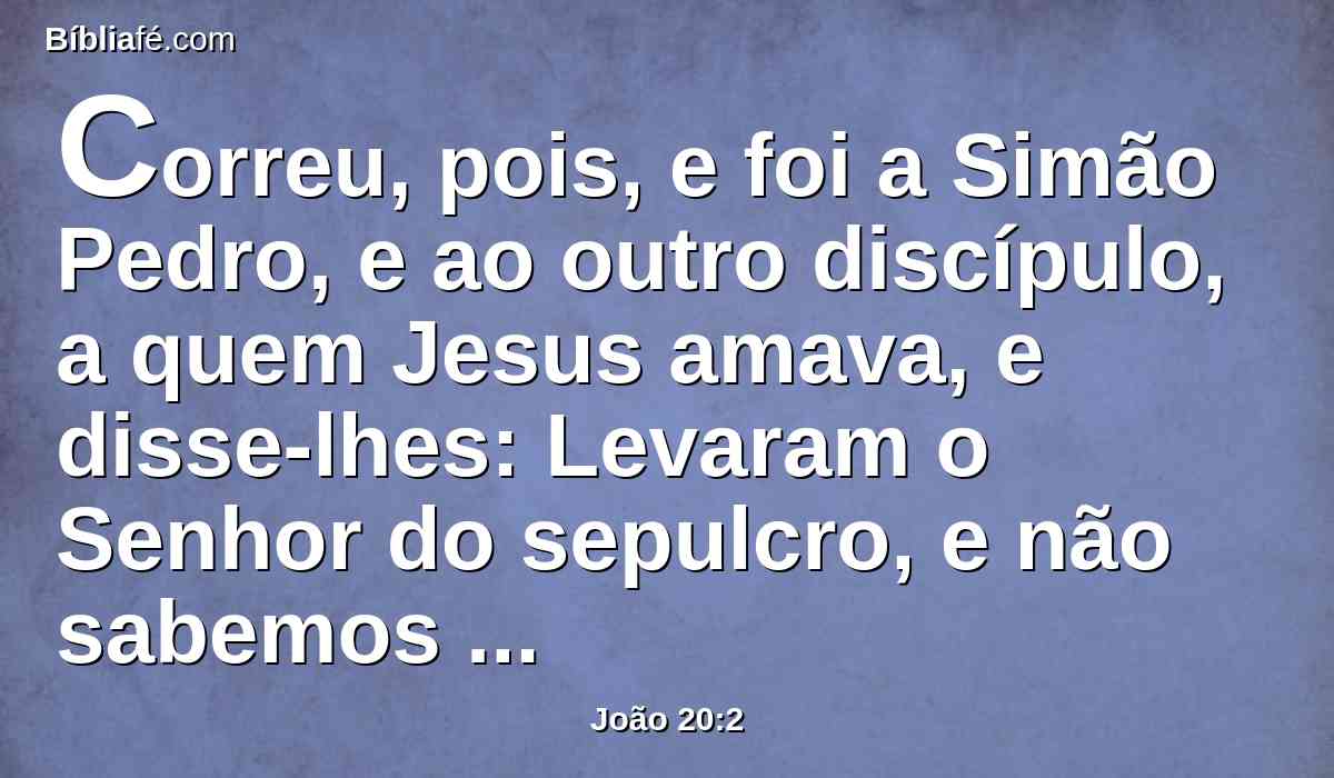 Correu, pois, e foi a Simão Pedro, e ao outro discípulo, a quem Jesus amava, e disse-lhes: Levaram o Senhor do sepulcro, e não sabemos onde o puseram.