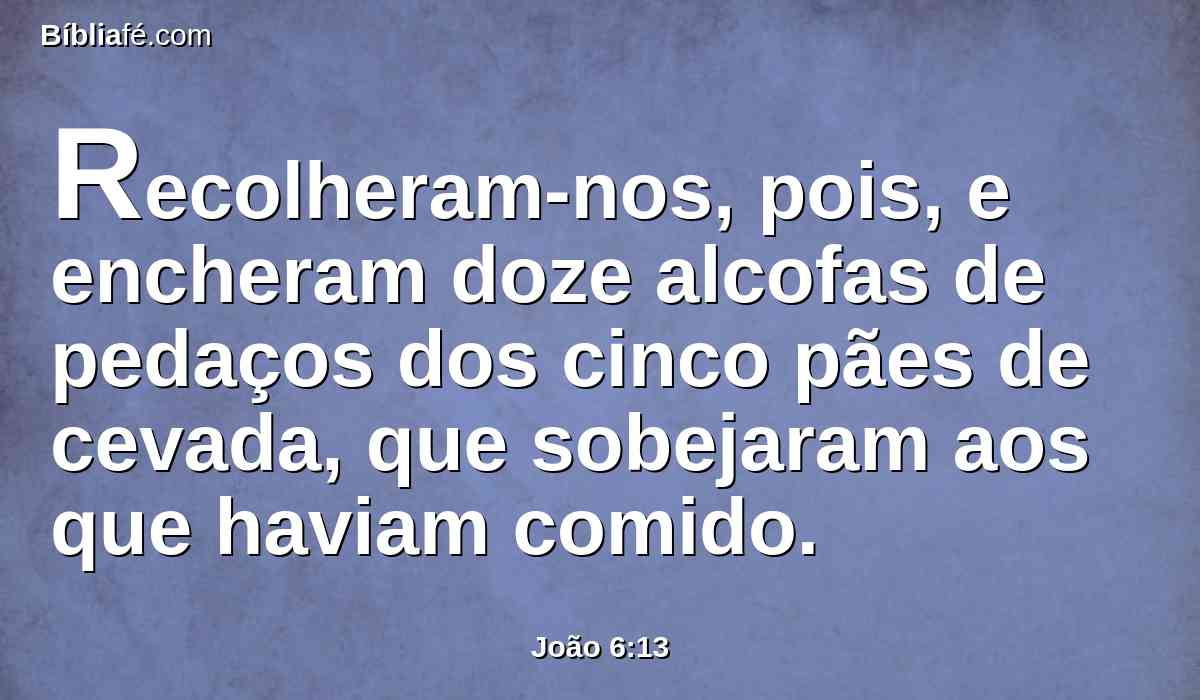 Recolheram-nos, pois, e encheram doze alcofas de pedaços dos cinco pães de cevada, que sobejaram aos que haviam comido.