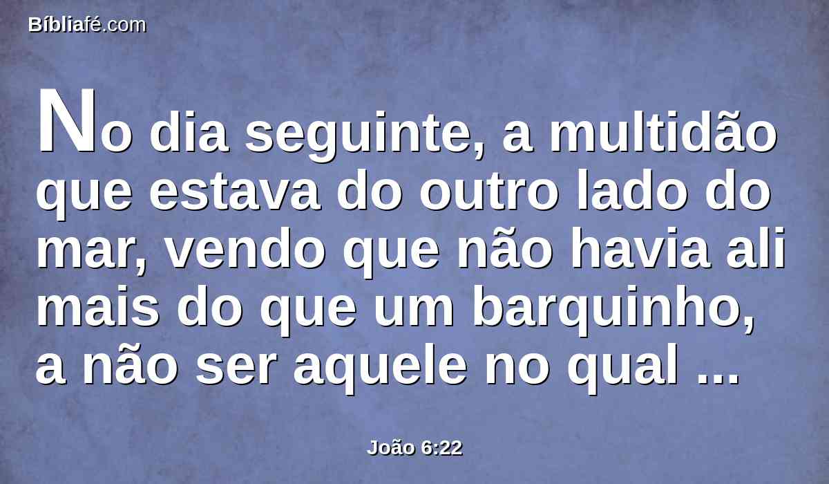 No dia seguinte, a multidão que estava do outro lado do mar, vendo que não havia ali mais do que um barquinho, a não ser aquele no qual os discípulos haviam entrado, e que Jesus não entrara com os seus discípulos naquele barquinho, mas que os seus discípulos tinham ido sozinhos