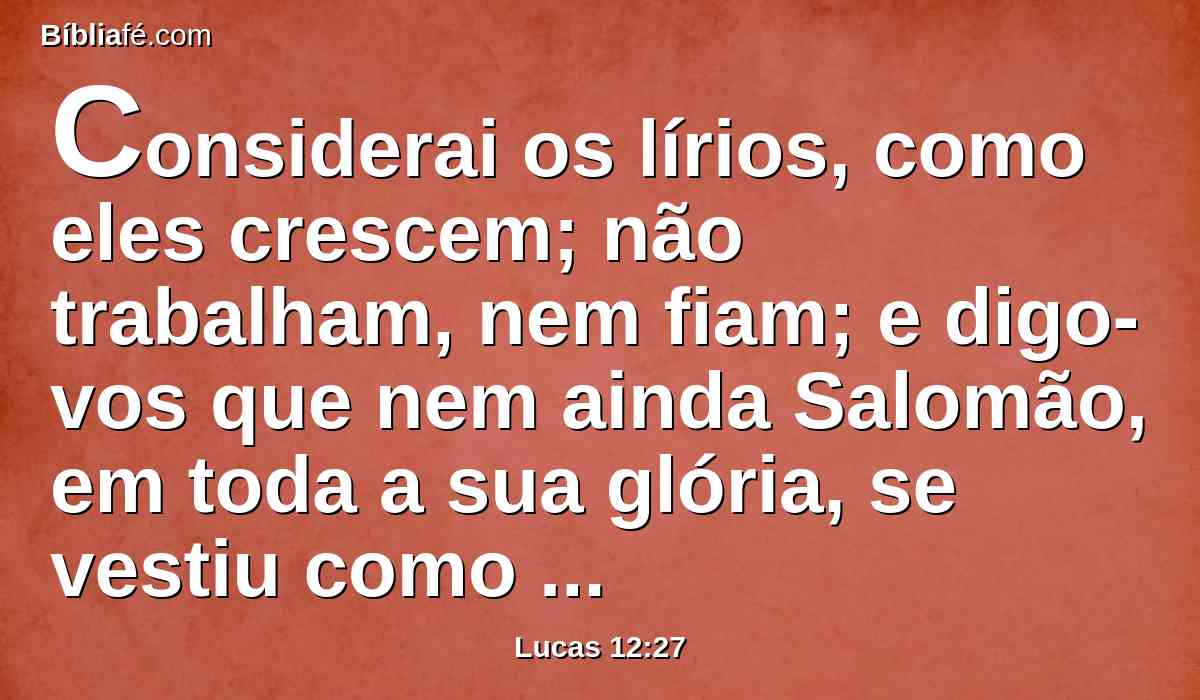 Considerai os lírios, como eles crescem; não trabalham, nem fiam; e digo-vos que nem ainda Salomão, em toda a sua glória, se vestiu como um deles.