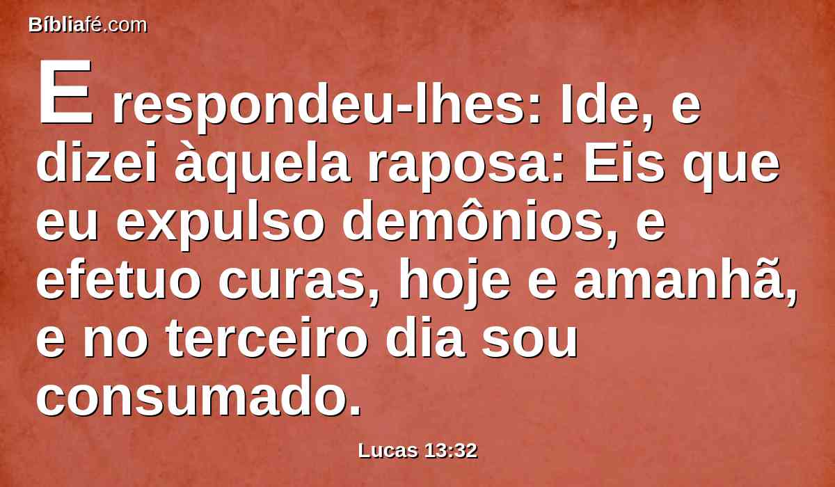E respondeu-lhes: Ide, e dizei àquela raposa: Eis que eu expulso demônios, e efetuo curas, hoje e amanhã, e no terceiro dia sou consumado.