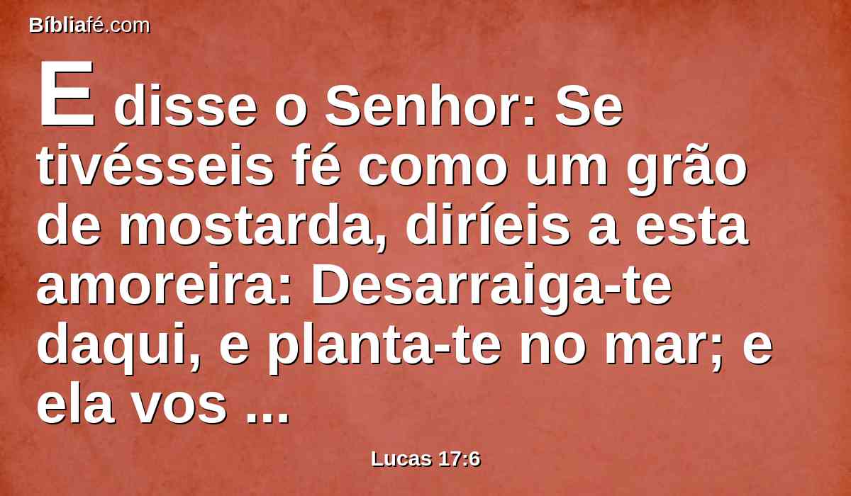 E disse o Senhor: Se tivésseis fé como um grão de mostarda, diríeis a esta amoreira: Desarraiga-te daqui, e planta-te no mar; e ela vos obedeceria.
