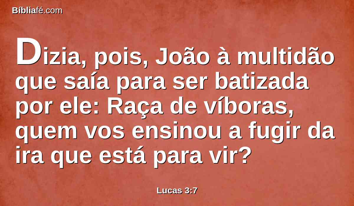 Dizia, pois, João à multidão que saía para ser batizada por ele: Raça de víboras, quem vos ensinou a fugir da ira que está para vir?