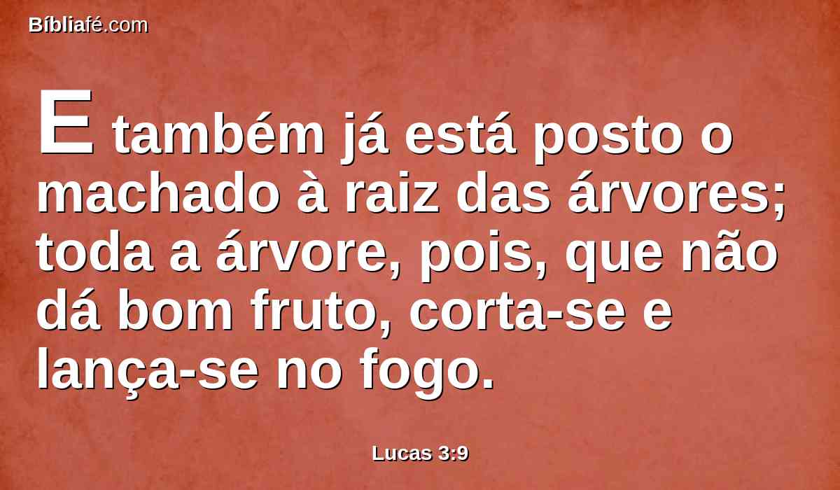 E também já está posto o machado à raiz das árvores; toda a árvore, pois, que não dá bom fruto, corta-se e lança-se no fogo.