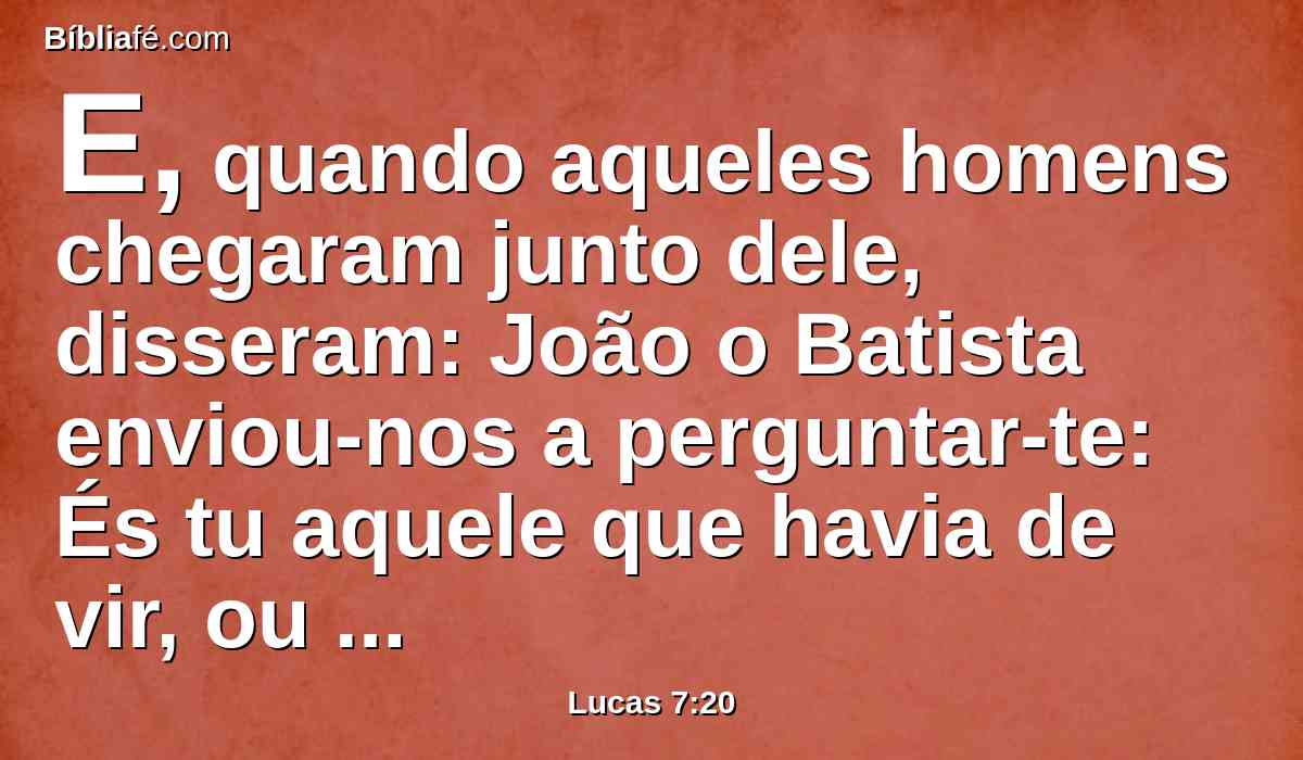 E, quando aqueles homens chegaram junto dele, disseram: João o Batista enviou-nos a perguntar-te: És tu aquele que havia de vir, ou esperamos outro?