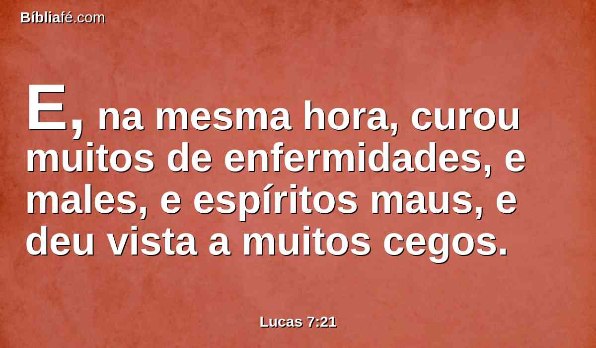 E, na mesma hora, curou muitos de enfermidades, e males, e espíritos maus, e deu vista a muitos cegos.