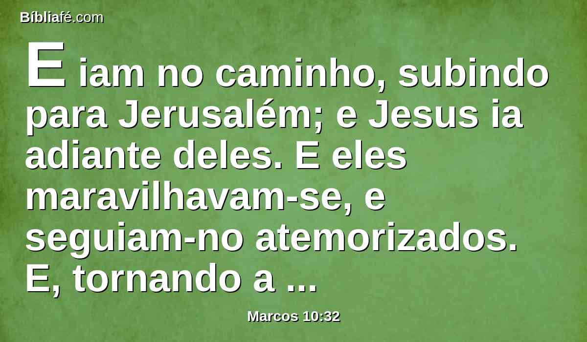 E iam no caminho, subindo para Jerusalém; e Jesus ia adiante deles. E eles maravilhavam-se, e seguiam-no atemorizados.  E, tornando a tomar consigo os doze, começou a dizer-lhes as coisas que lhe deviam sobrevir,