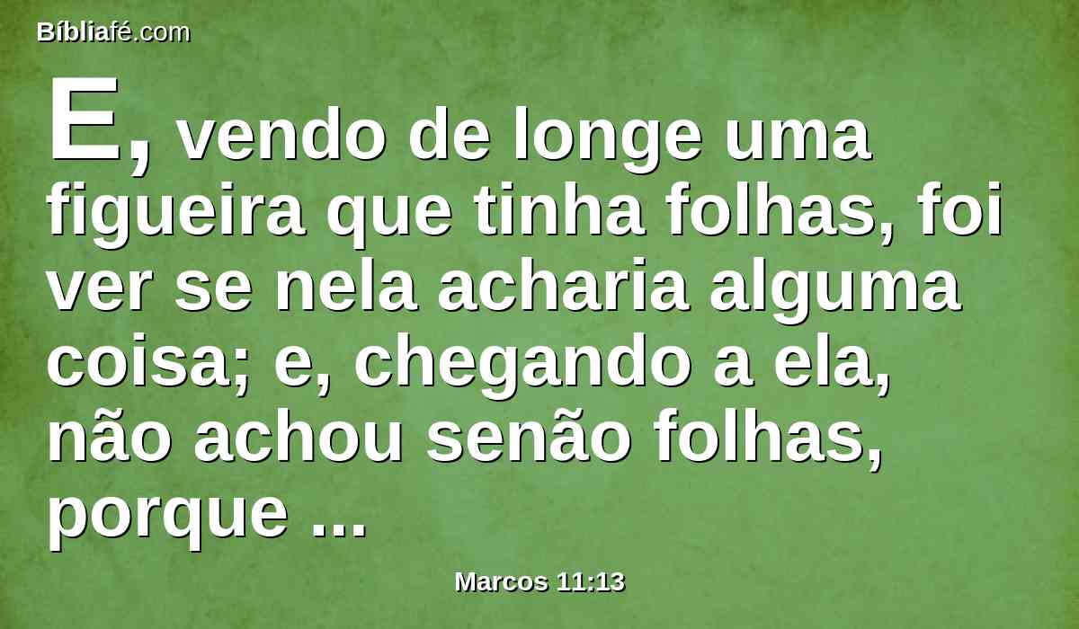 E, vendo de longe uma figueira que tinha folhas, foi ver se nela acharia alguma coisa; e, chegando a ela, não achou senão folhas, porque não era tempo de figos.