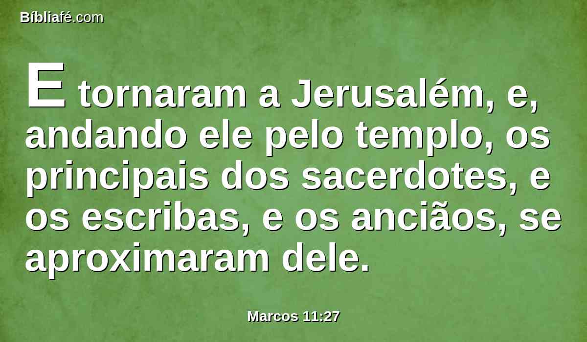 E tornaram a Jerusalém, e, andando ele pelo templo, os principais dos sacerdotes, e os escribas, e os anciãos, se aproximaram dele.