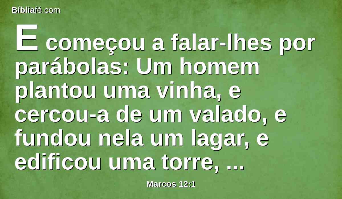 E começou a falar-lhes por parábolas: Um homem plantou uma vinha, e cercou-a de um valado, e fundou nela um lagar, e edificou uma torre, e arrendou-a a uns lavradores, e partiu para fora da terra.