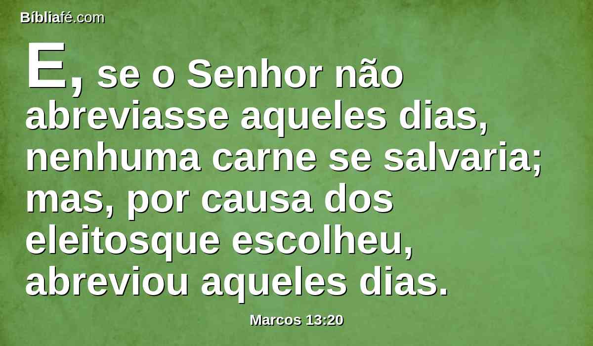 E, se o Senhor não abreviasse aqueles dias, nenhuma carne se salvaria; mas, por causa dos eleitosque escolheu, abreviou aqueles dias.