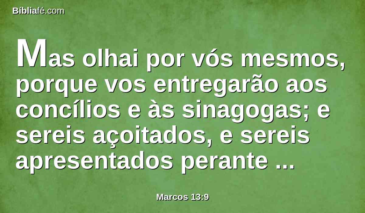 Mas olhai por vós mesmos, porque vos entregarão aos concílios e às sinagogas; e sereis açoitados, e sereis apresentados perante presidentes e reis, por amor de mim, para lhes servir de testemunho.