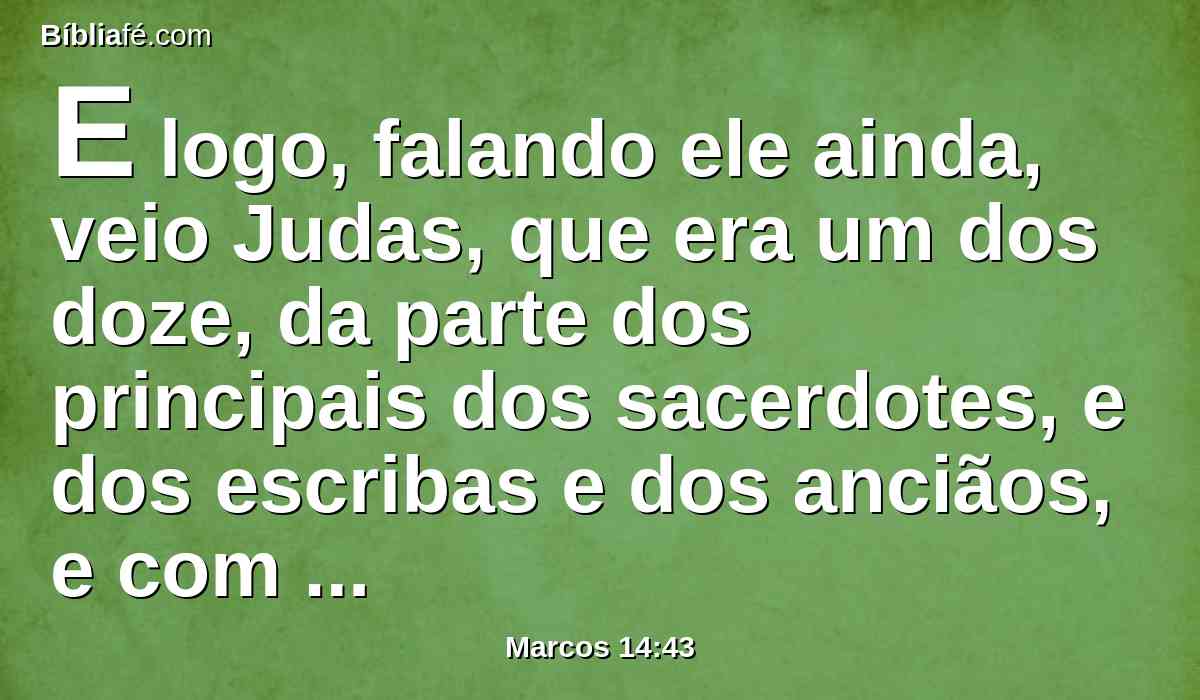 E logo, falando ele ainda, veio Judas, que era um dos doze, da parte dos principais dos sacerdotes, e dos escribas e dos anciãos, e com ele uma grande multidão com espadas e varapaus.