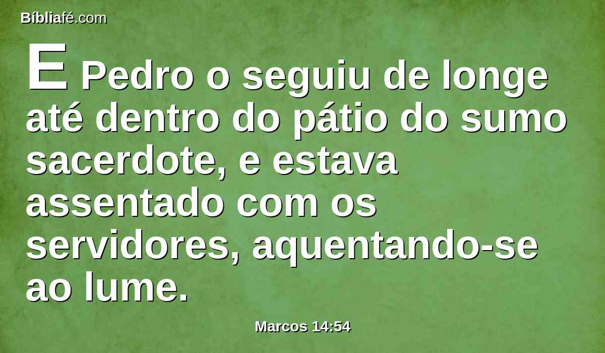 E Pedro o seguiu de longe até dentro do pátio do sumo sacerdote, e estava assentado com os servidores, aquentando-se ao lume.