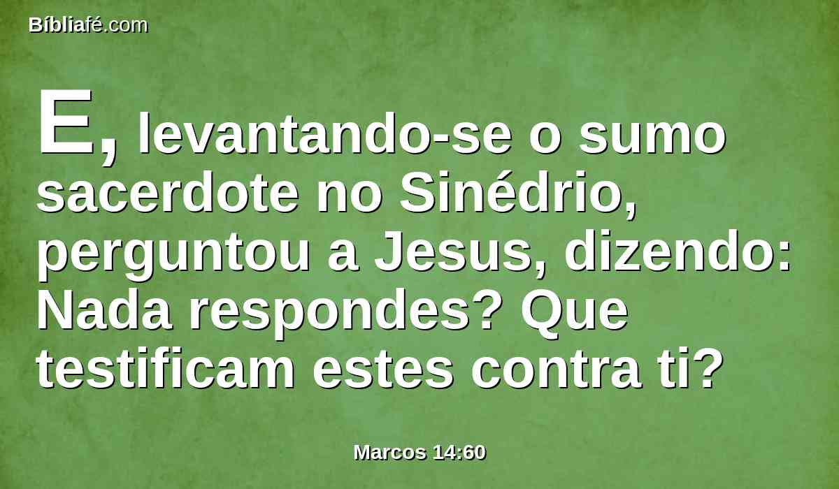 E, levantando-se o sumo sacerdote no Sinédrio, perguntou a Jesus, dizendo: Nada respondes? Que testificam estes contra ti?