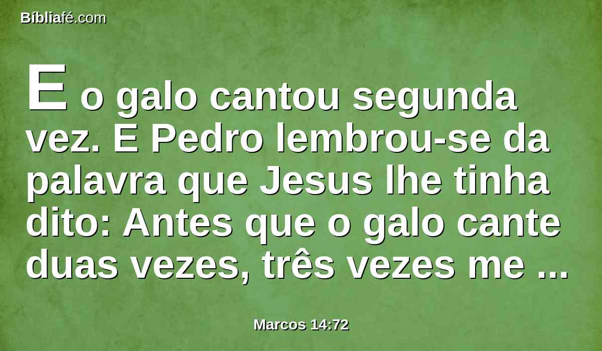 E o galo cantou segunda vez. E Pedro lembrou-se da palavra que Jesus lhe tinha dito: Antes que o galo cante duas vezes, três vezes me negarás.  E, retirando-se dali, chorou.