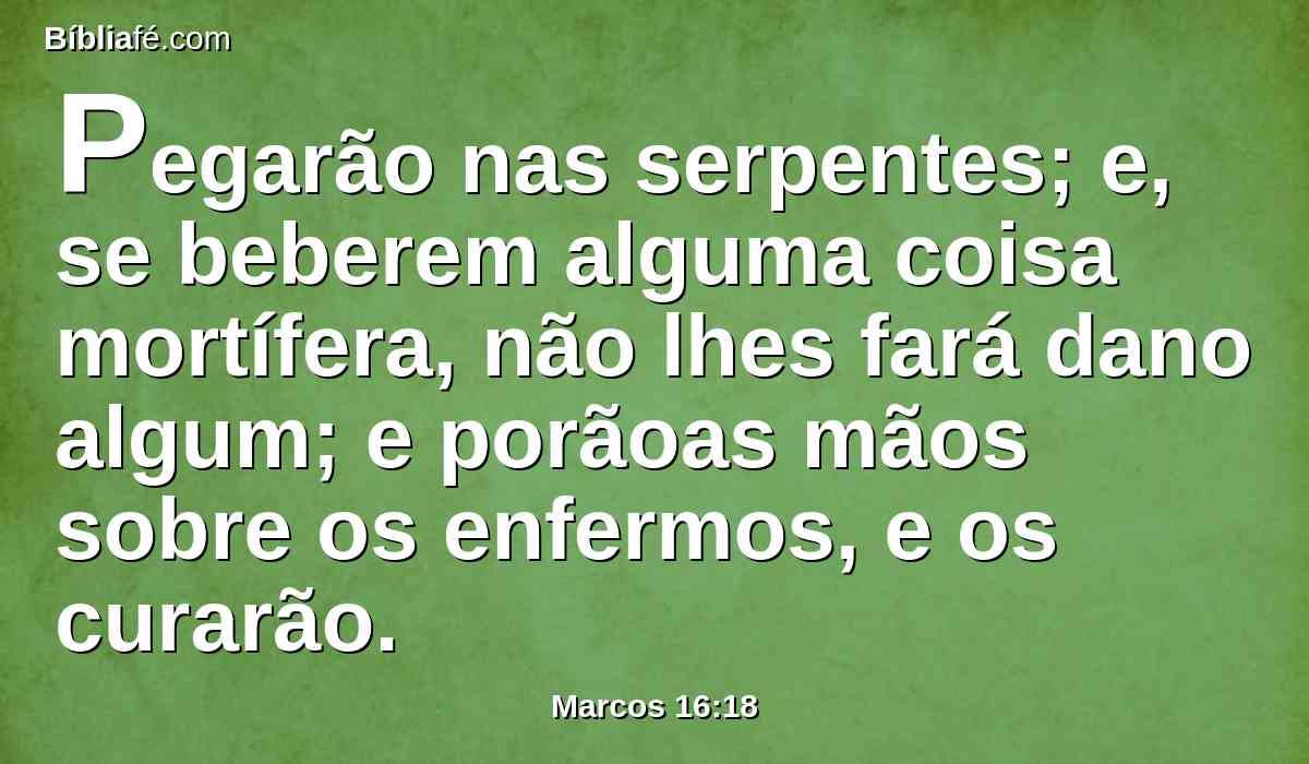 Pegarão nas serpentes; e, se beberem alguma coisa mortífera, não lhes fará dano algum; e porãoas mãos sobre os enfermos, e os curarão.