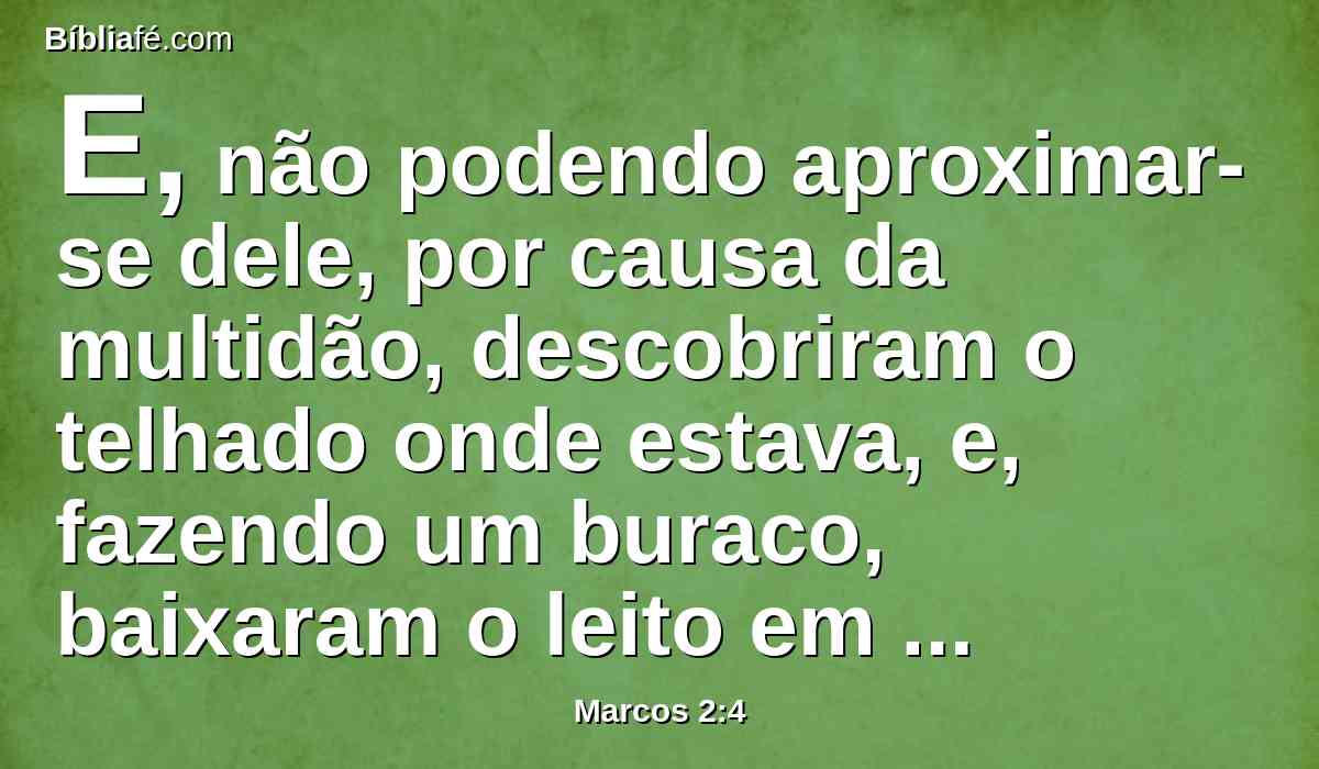 E, não podendo aproximar-se dele, por causa da multidão, descobriram o telhado onde estava, e, fazendo um buraco, baixaram o leito em que jazia o paralítico.