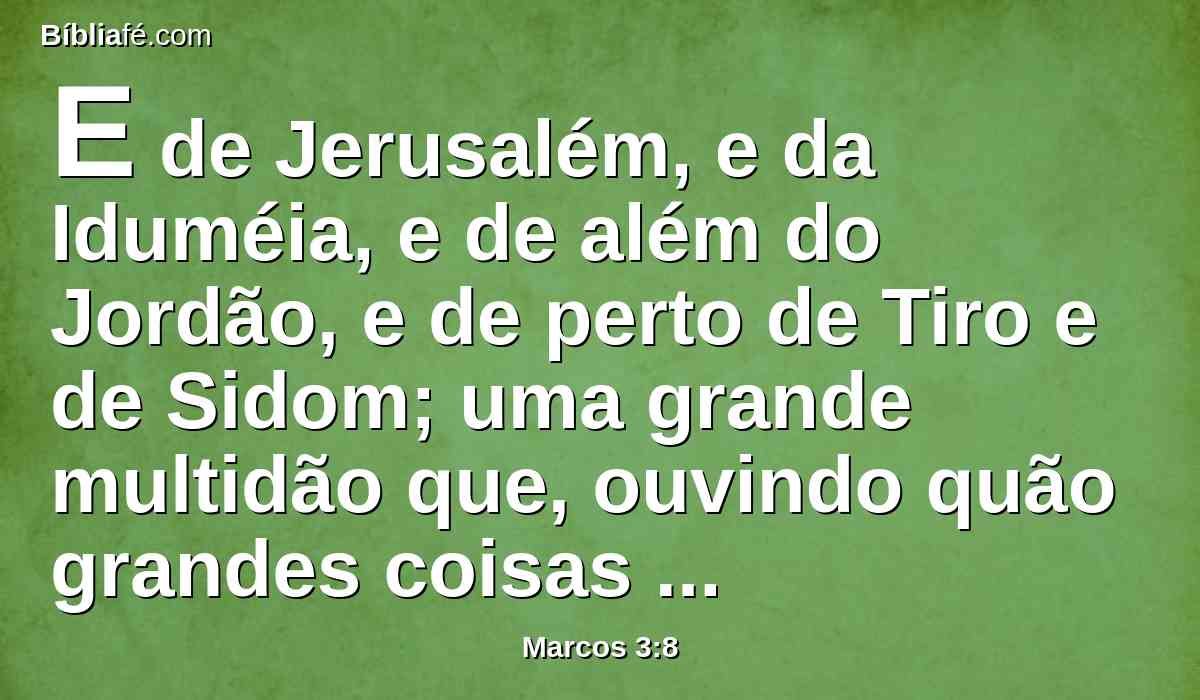 E de Jerusalém, e da Iduméia, e de além do Jordão, e de perto de Tiro e de Sidom; uma grande multidão que, ouvindo quão grandes coisas fazia, vinha ter com ele.