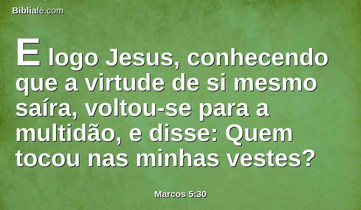 E logo Jesus, conhecendo que a virtude de si mesmo saíra, voltou-se para a multidão, e disse: Quem tocou nas minhas vestes?