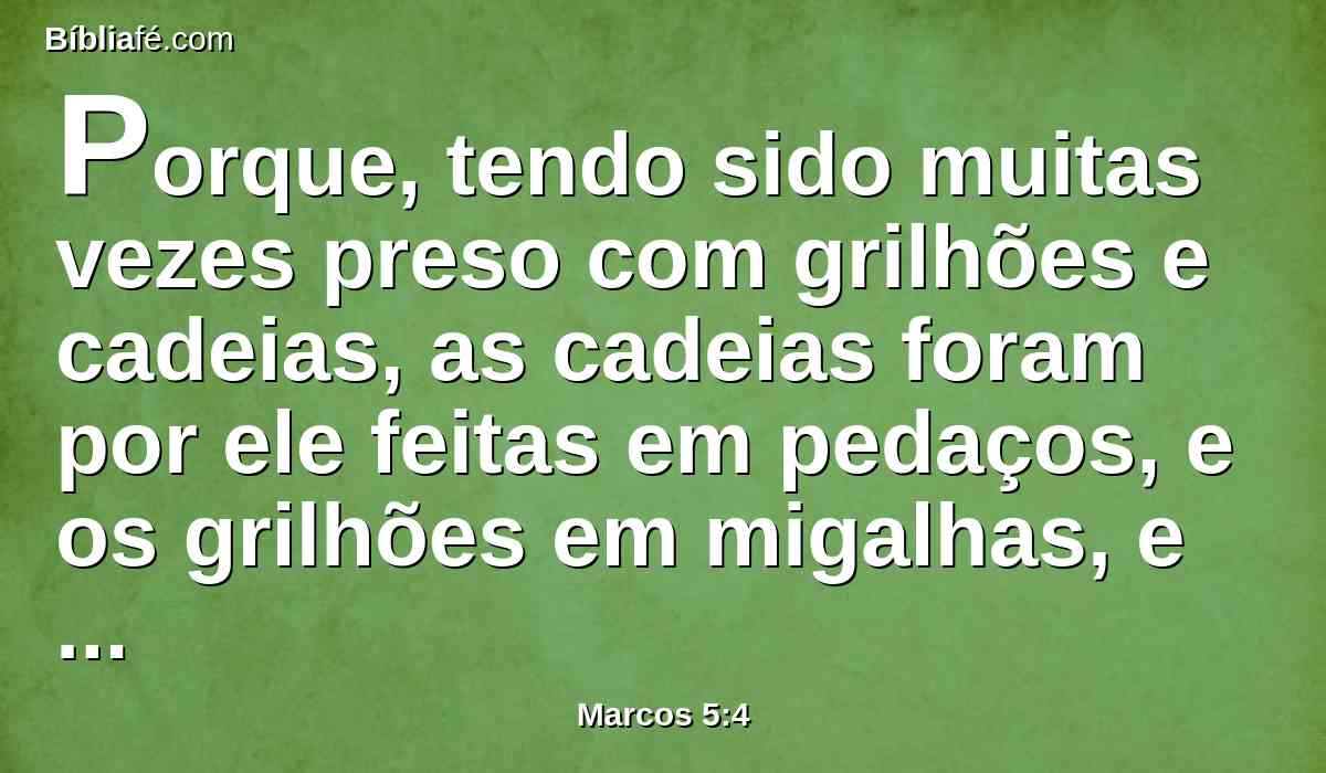 Porque, tendo sido muitas vezes preso com grilhões e cadeias, as cadeias foram por ele feitas em pedaços, e os grilhões em migalhas, e ninguém o podia amansar.