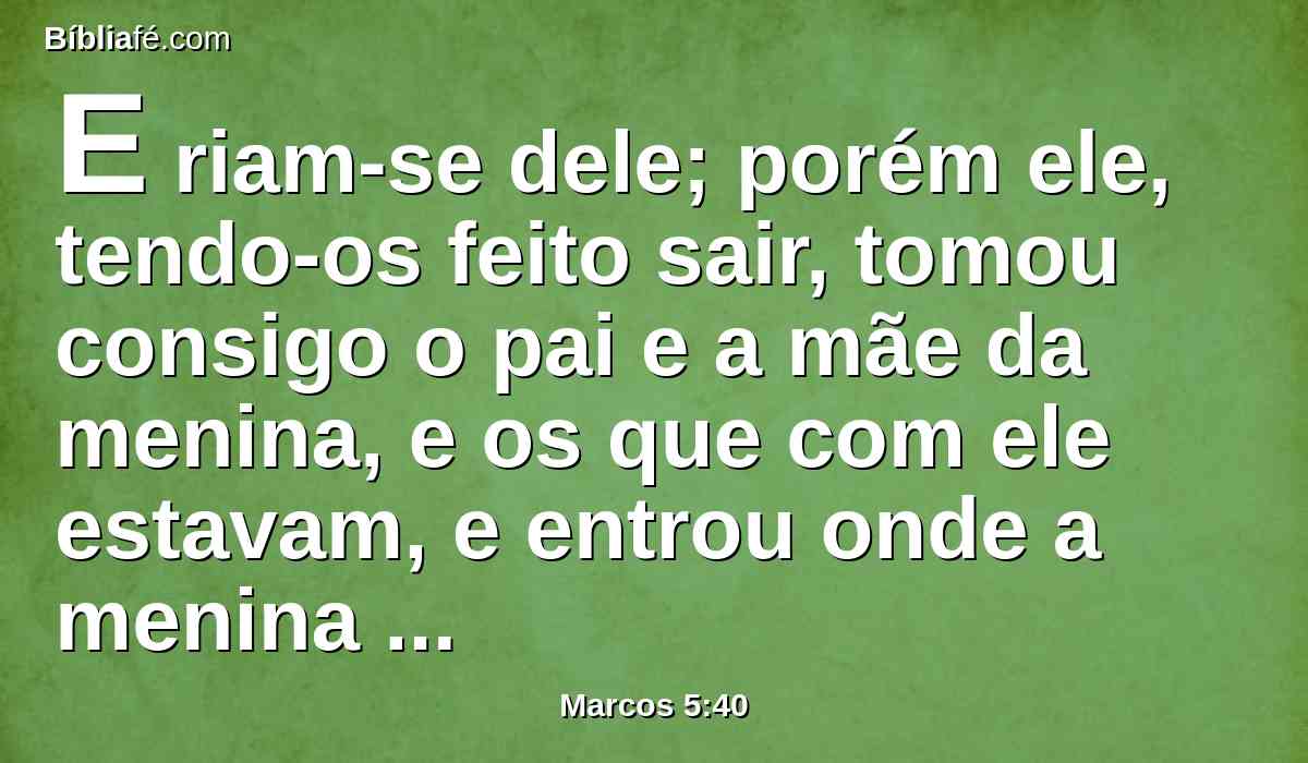 E riam-se dele; porém ele, tendo-os feito sair, tomou consigo o pai e a mãe da menina, e os que com ele estavam, e entrou onde a menina estava deitada.