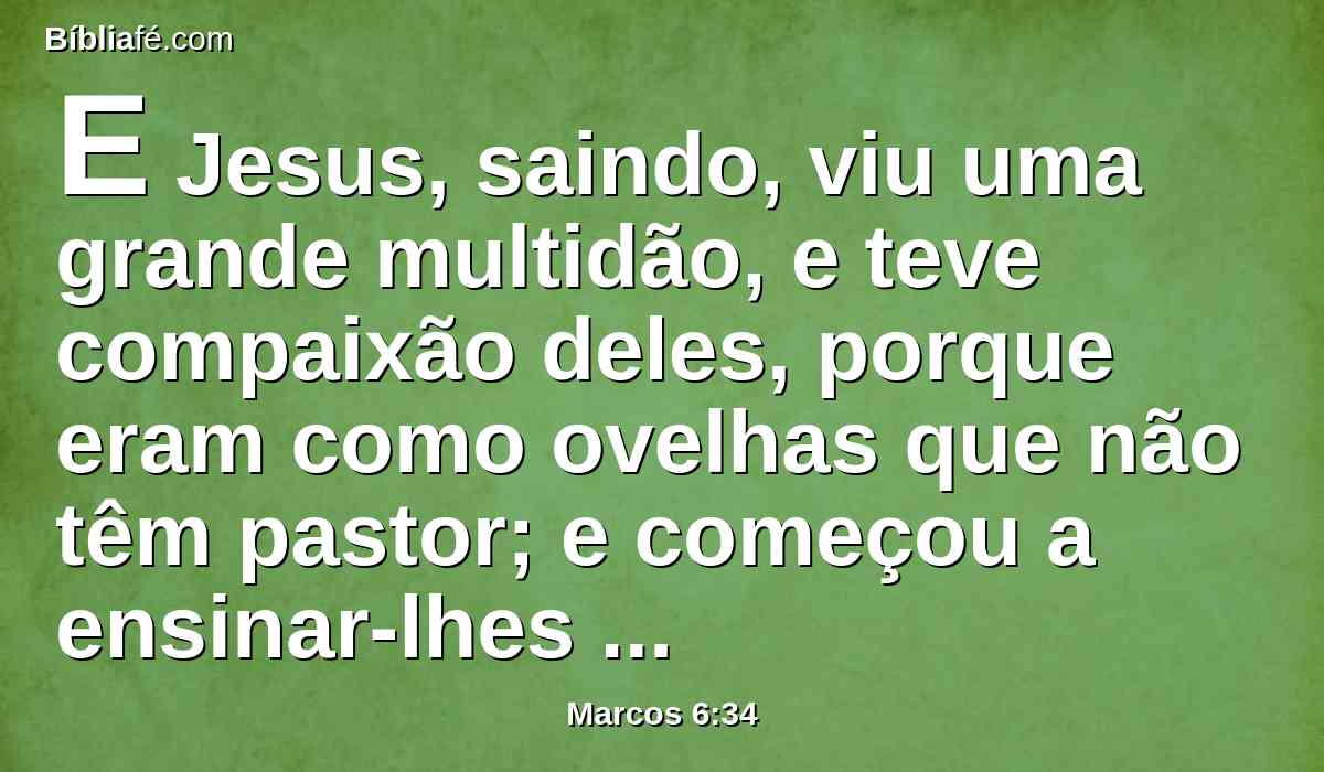 E Jesus, saindo, viu uma grande multidão, e teve compaixão deles, porque eram como ovelhas que não têm pastor; e começou a ensinar-lhes muitas coisas.