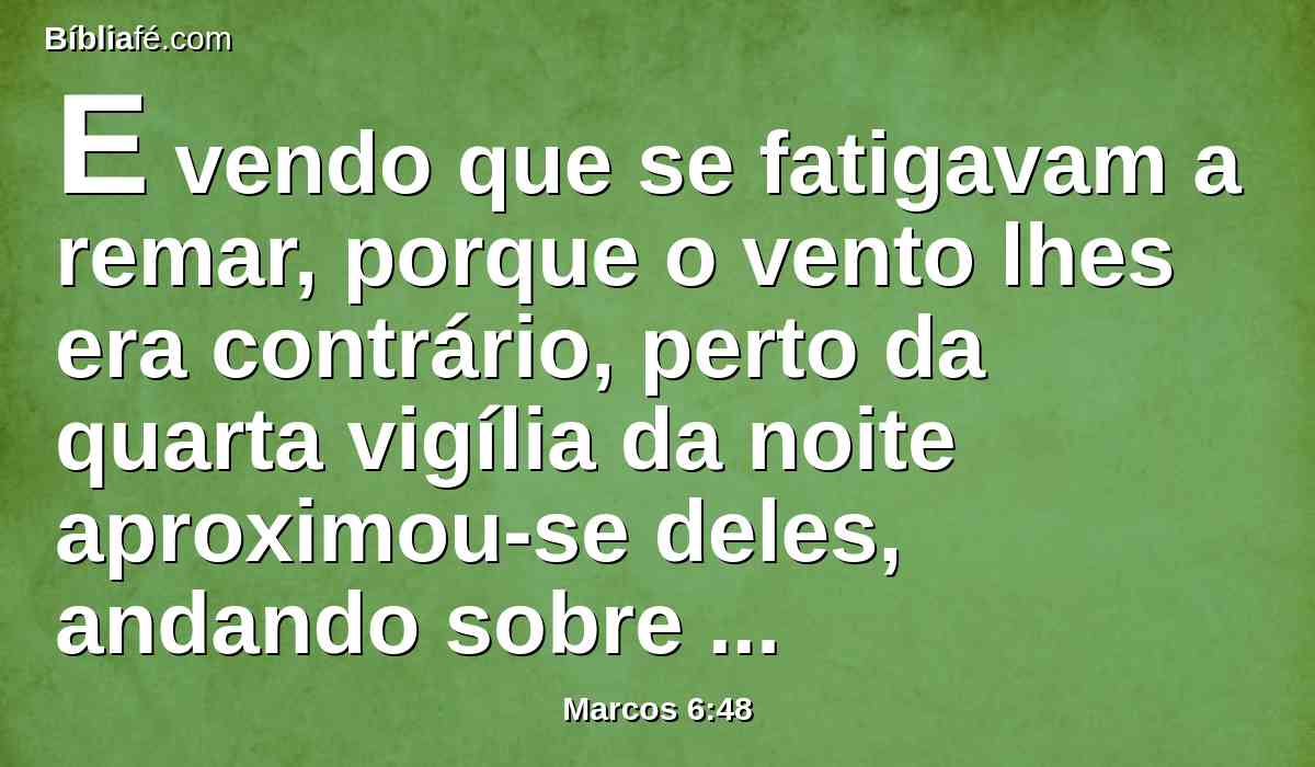 E vendo que se fatigavam a remar, porque o vento lhes era contrário, perto da quarta vigília da noite aproximou-se deles, andando sobre o mar, e queria passar-lhes adiante.