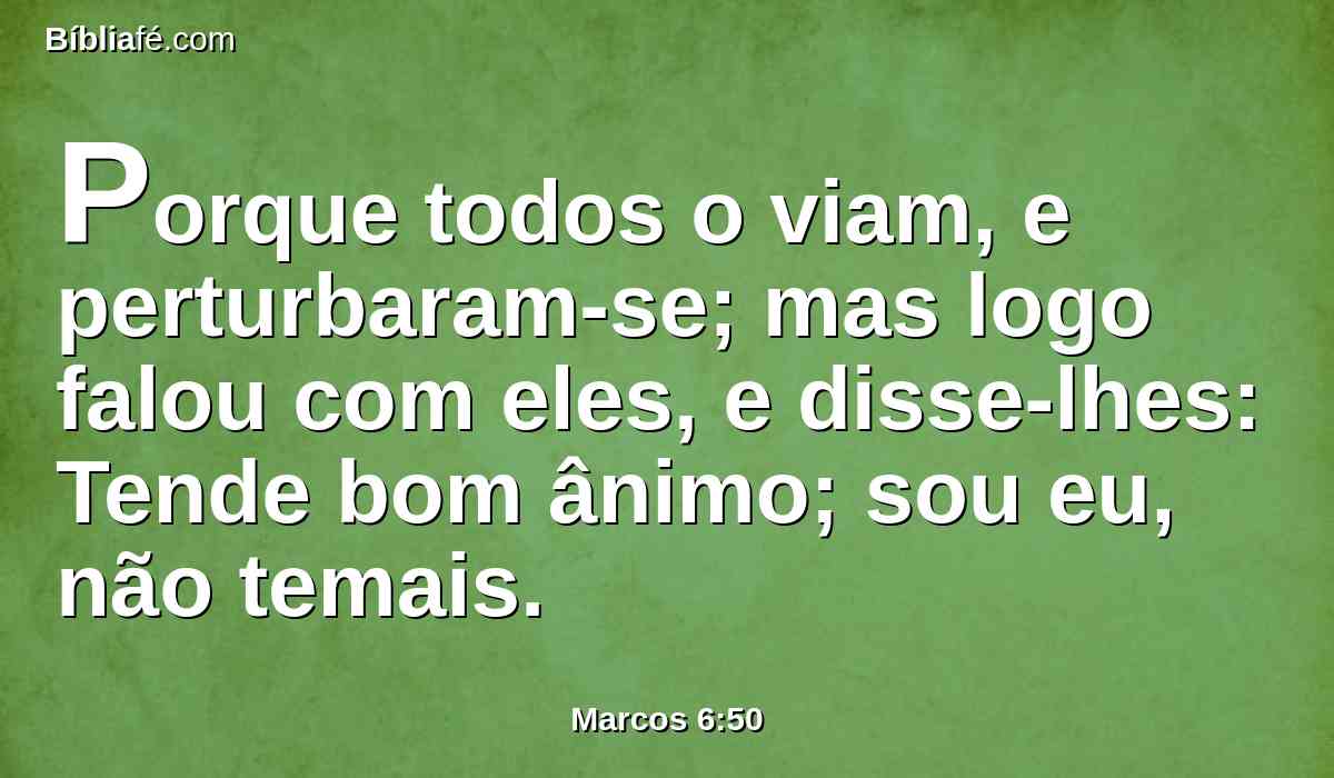 Porque todos o viam, e perturbaram-se; mas logo falou com eles, e disse-lhes: Tende bom ânimo; sou eu, não temais.