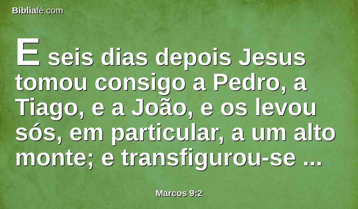 E seis dias depois Jesus tomou consigo a Pedro, a Tiago, e a João, e os levou sós, em particular, a um alto monte; e transfigurou-se diante deles;