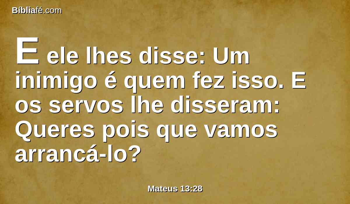 E ele lhes disse: Um inimigo é quem fez isso. E os servos lhe disseram: Queres pois que vamos arrancá-lo?