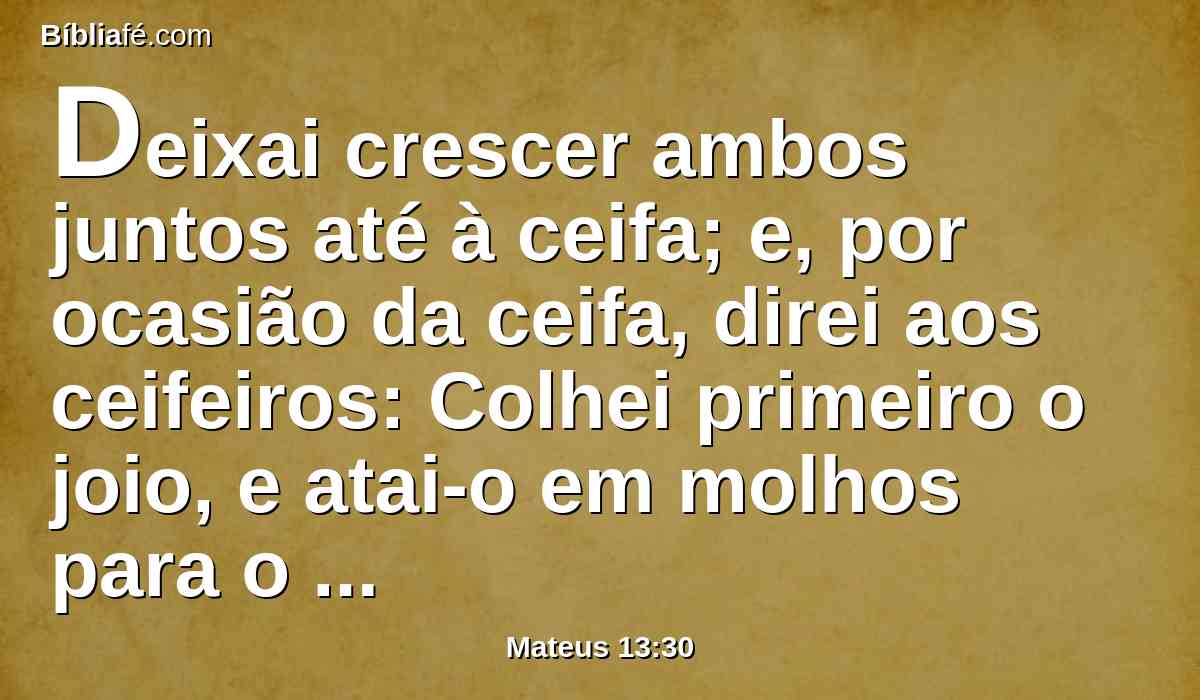 Deixai crescer ambos juntos até à ceifa; e, por ocasião da ceifa, direi aos ceifeiros: Colhei primeiro o joio, e atai-o em molhos para o queimar; mas, o trigo, ajuntai-o no meu celeiro.
