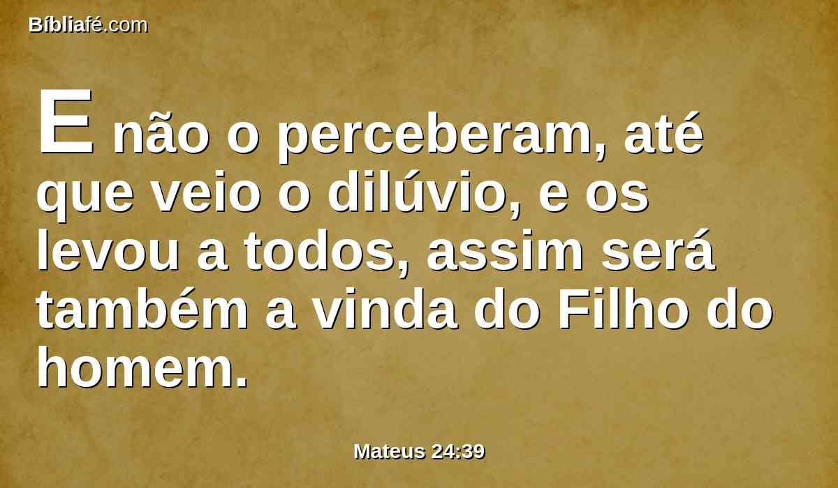 E não o perceberam, até que veio o dilúvio, e os levou a todos, assim será também a vinda do Filho do homem.