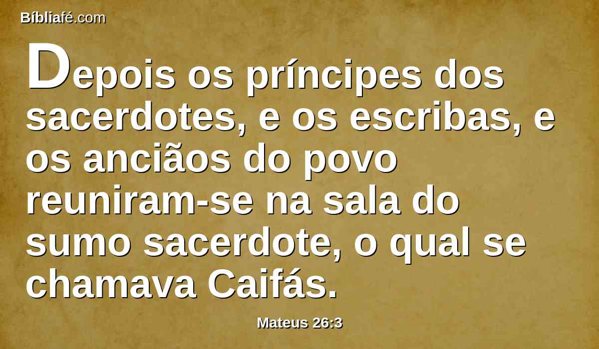 Depois os príncipes dos sacerdotes, e os escribas, e os anciãos do povo reuniram-se na sala do sumo sacerdote, o qual se chamava Caifás.