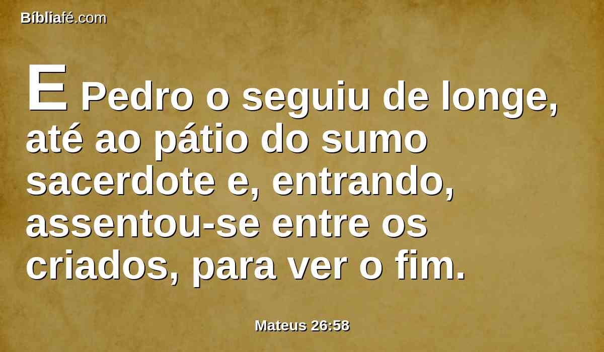 E Pedro o seguiu de longe, até ao pátio do sumo sacerdote e, entrando, assentou-se entre os criados, para ver o fim.