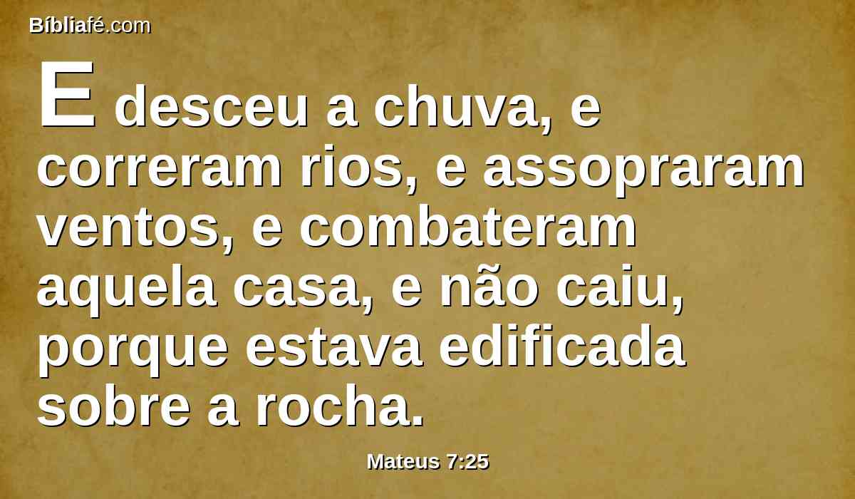 E desceu a chuva, e correram rios, e assopraram ventos, e combateram aquela casa, e não caiu, porque estava edificada sobre a rocha.