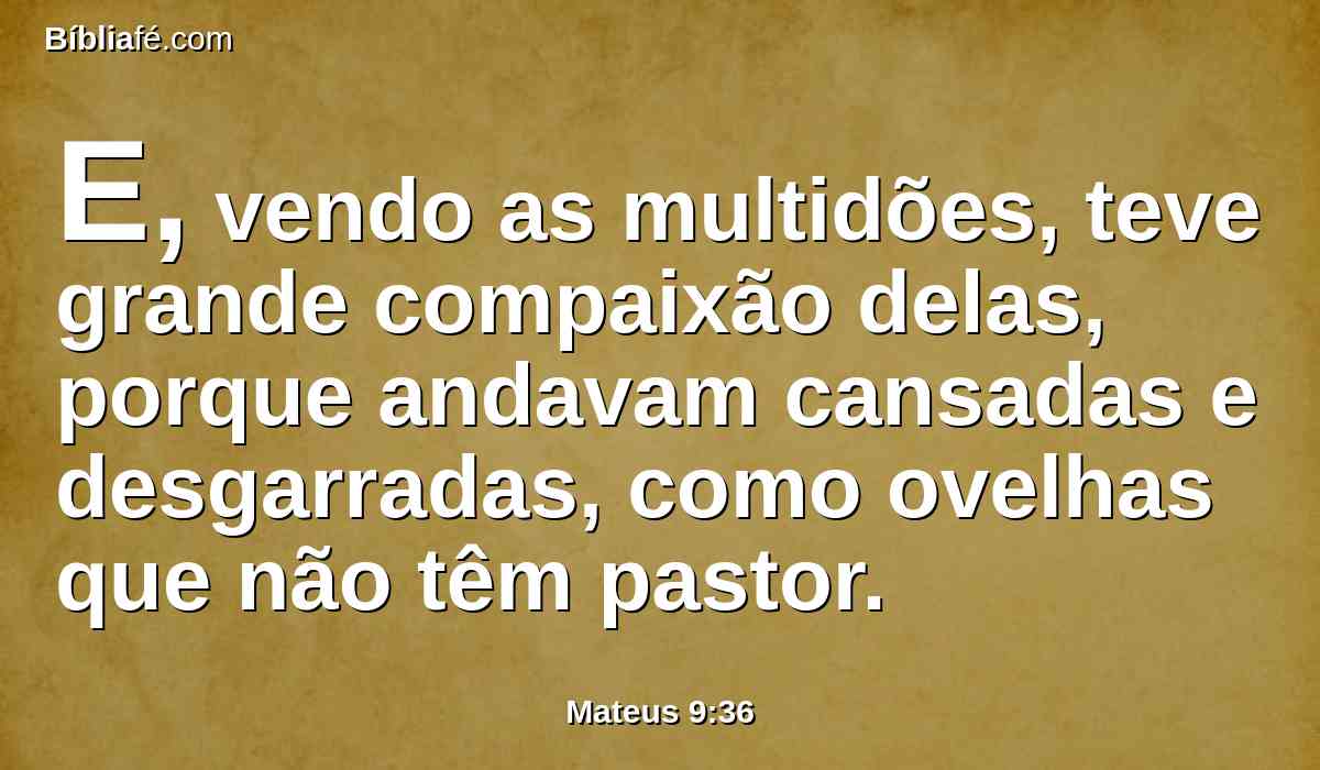 E, vendo as multidões, teve grande compaixão delas, porque andavam cansadas e desgarradas, como ovelhas que não têm pastor.