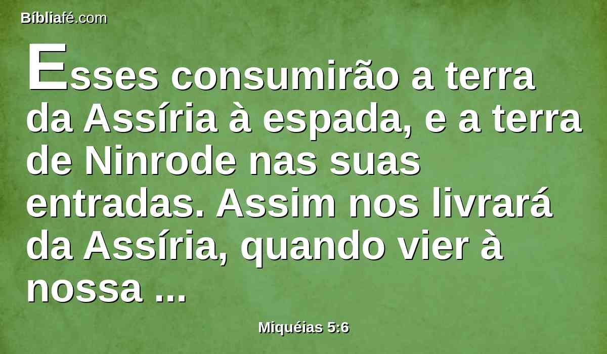 Esses consumirão a terra da Assíria à espada, e a terra de Ninrode nas suas entradas. Assim nos livrará da Assíria, quando vier à nossa terra, e quando calcar os nossos termos.