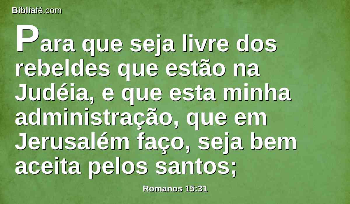 Para que seja livre dos rebeldes que estão na Judéia, e que esta minha administração, que em Jerusalém faço, seja bem aceita pelos santos;