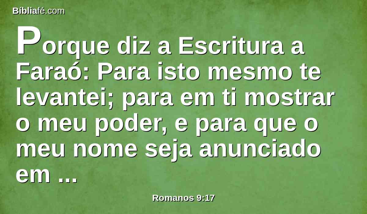 Porque diz a Escritura a Faraó: Para isto mesmo te levantei; para em ti mostrar o meu poder, e para que o meu nome seja anunciado em toda a terra.